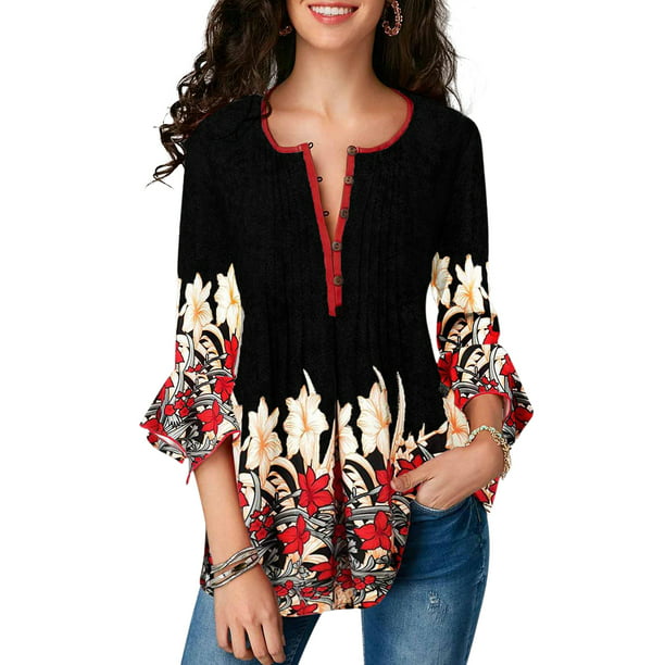 Womens Henley V Neck Casual Blouse Button Down T Shirts Flare and Flowy Tops 